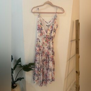 Floral V-Neck Spaghetti Strap Midi Dress - White with Multicolor Floral